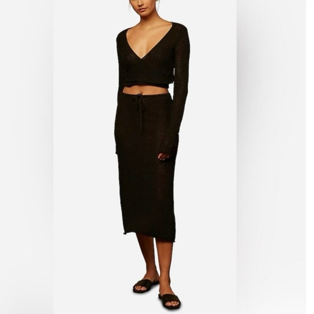 Onia Black 100% Linen Knit Crochet Low Rise Semi Sheer Pull On Midi Skirt S - Picture 3 of 11